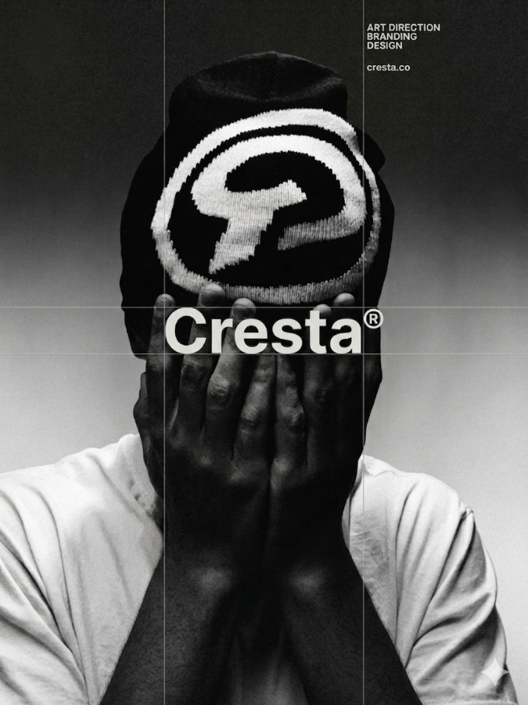 Cresta — beanie collage, mountain ridge, taped polaroids